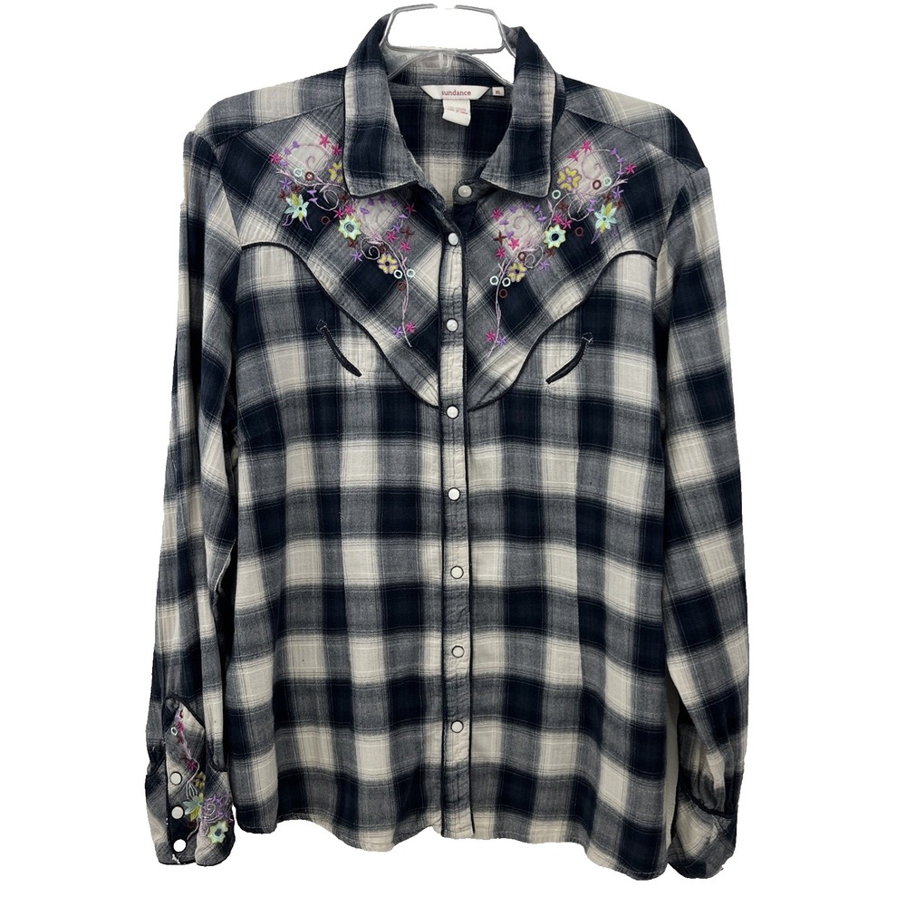 Sundance Embroidered Plaid Cotton Button Up Blouse Pearl Snap Size XL Western